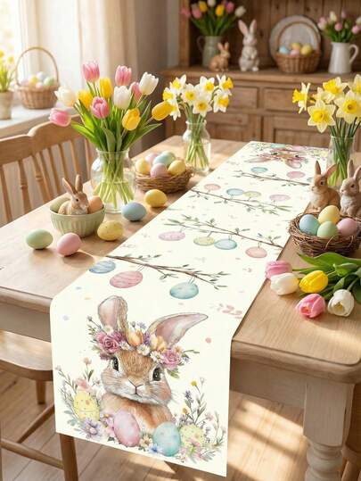 1 pezzo Tappeto da tavolo di Pasqua primaverile, con coniglietto carino, uova e corona, decorazione da tavola stagionale primaverile per cucina e sala da pranzo, decorazione per feste e all'aperto, decorazione casa di Pasqua in stile fattoria, regalo, 13x70 pollici, regalo di Pasqua, decorazione festiva
