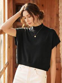 Knit Mix Women's French Casual Knit Sleeveless Turtleneck Top, Lightweight Ribbed Knit Pullover Sweater, Suitable For Spring And Autumn, Loose And Fashionable, Back To School Autumn Outfit - Black - View 9