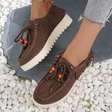 Women's New Casual Shoes, Suede Bohemian Style Loafers, Fringe Decor Lace-Up Thick Sole Sneakers - Brown - View 6