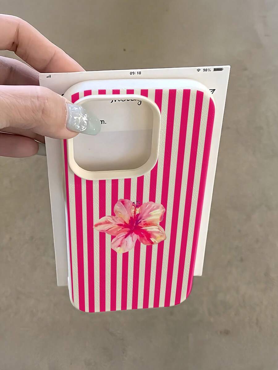1pc White Striped Hibiscus Flower Minimalist Full Coverage TPU Shockproof Phone Case Compatible With Apple 17, 16, 15, 14, 13, 12, 11 Pro Max, Air, And Series - Multicolor - View 1
