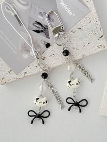 1pc Cute Cat & Fish Pendant Keychain, Personalized Phone Charm, Backpack Decoration, Camera Accessory