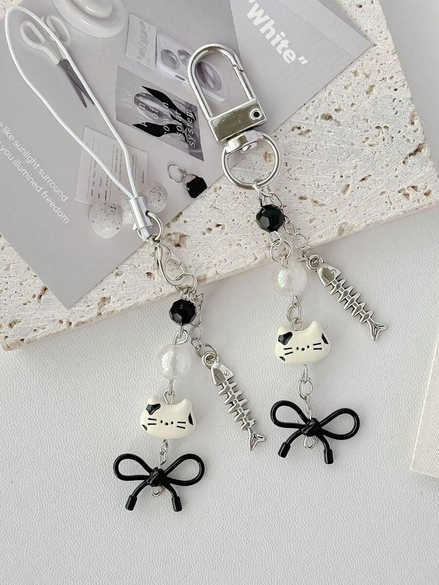 1pc Cute Cat & Fish Pendant Keychain, Personalized Phone Charm, Backpack Decoration, Camera Accessory