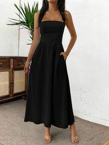 Unadoll 女士春夏连衣裙，露背吊带、拉链和褶裥设计，休闲优雅，是海滩、度假、约会、音乐节、情人节、生日和派对的完美之选。黑色 - 黑色 - 查看 5