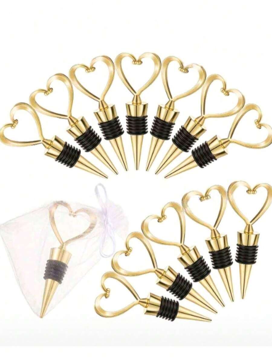 6 Sets (12 Pcs) - (1 Set = 1 Pc Heart-Shaped Wine Stopper + 1 Pc Organza Bag), Heart-Shaped Wine Stoppers, Bridal Wedding Favors, Gifts For Guests. Plastic Heart-Shaped Wine Stoppers With White Organza Bags, Wedding Gifts, Fresh Holiday Party, Halloween Decor, Halloween Party Supplies, Christmas Decor. - Gold - View 1