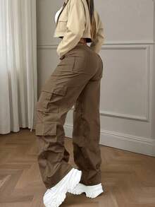 Brown Pocket Button Elegant Casual Commute Minimalist Y2K Petite Cargo Pants, Suitable For Outings, Clubs, New Year, Teacher's Day, Back To School, Birthday Parties, Daily Office, Travel, Country Music Concerts, Tea Parties, Airports, Sports & Fitness, Spring/Summer/Autumn/Winter - Brown - View 3