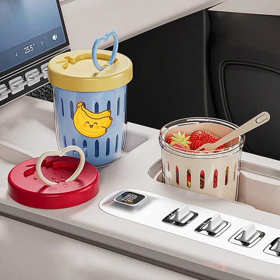 WORTHBUY Taza de ensalada de doble pared, contenedor de avena portátil a prueba de fugas con tenedor y, taza de fruta de drenaje, bonita taza de desayuno para estudiantes - Estilo A rojo - Ver 1