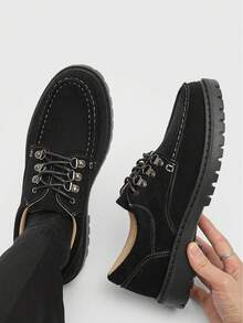 New Men's Suede Low-Top Wear-Resistant Leather Shoes, Anti-Slip Thick Sole Elevator Shoes - Black - View 3