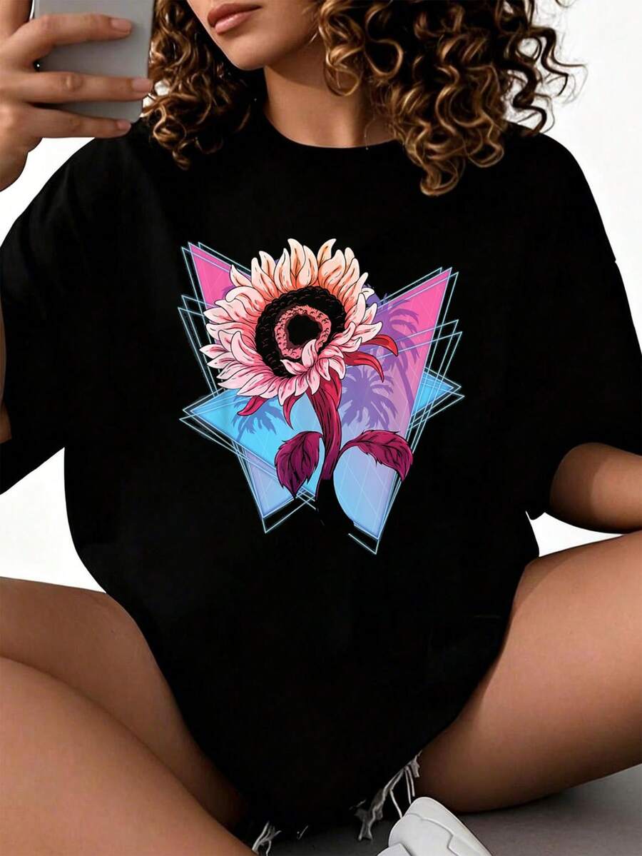 Camiseta Hippie Flower 90s Vaporwave Jardinero Sol Girasol para Hombres Mujeres Niños 2026 nuevas camisetas impresas para mujeres, estilos populares, camisetas de primavera para mujeres, camisetas de invierno, camisetas de para mujeresás vendidas - Negro - Ver 1