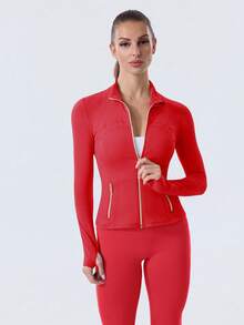 Women's Slim Fit High Stretch Activewear Jacket Zip Up Stand Collar Gold Zipper Thumb Hole Sports Top For Gym Workout And Daily Wear - Năm mới Đỏ/Vàng - Xem 3
