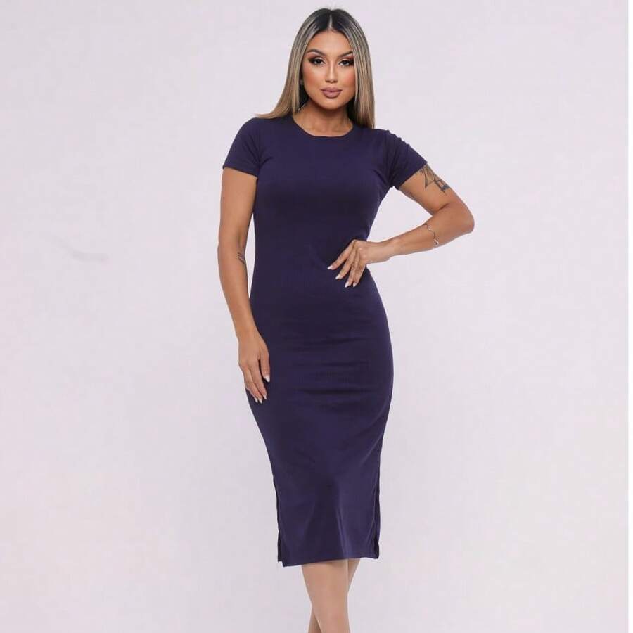 Vestido Feminino Canelado Midi Fenda lateral Casual e Elegante Manga Curta