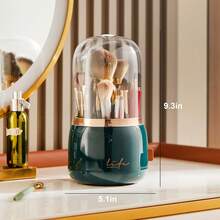 360 Rotating Makeup Brush Holder With Lid - Dustproof Organizer For Vanity, Travel & Bathroom Countertop - Dark Green - View 5