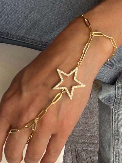 1件朋克风亮金色五角星指链，水晶金属链手链