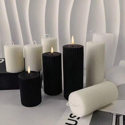 Striped Gear Cylinder Unscented Soy Wax Candles - Unscented 5-20cm Handmade Black And White Decorative Candle Set, Suitable For Home Decor, Weddings, Tabletop Lighting, Emergency Use, Holiday Celebrations, Etc.