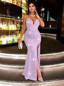 CHOSMO Lavender Fitted Sequin Metal Chain Strap Backless High Waist Slit Dress, Elegant Ladies' Formal Gown For Ball, Cocktail Party, Wedding Guest, Formal Occasion - Mauve Purple - View 9