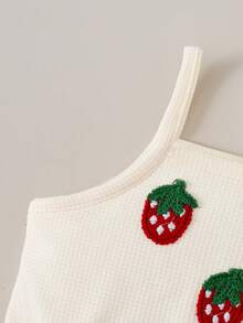 2件套女婴休闲日常可爱条纹草莓装饰吊带背心+短裤套装，适合夏季户外穿着，女婴吊带背心套装 - 杏色 - 查看 9