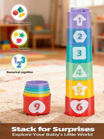 Carnival & Easter Baby Gift, Red Heart Stacking Cups, 18+ Months, Number Shape Color Recognition Cups, Water Play Sand Beach Planting Fun, Parent-Child Interactive Early Education Toy, Ramadan Gift, Birthday Gift
