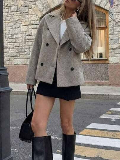 Plus Size Women's Casual Elegant Solid Color Pocket Double Button Wool Blend Overcoat, Long Sleeve Overcoat For Outings, Dates, Daily Wear, Airport, Autumn/Winter