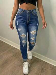 女士性感毛边弹力紧身牛仔裤 - 深色水洗藍 - 查看 2