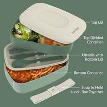 Stackable 3 Compartment Lunch Box With Utensils Strap Khaki Green Bento Container For Adults - Khaki Green - View 5