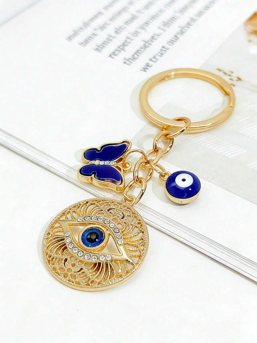 Turkish Blue Evil Eye Hollow Keychain, Butterfly Rhinestone Pendant, Fashionable Bag Charm