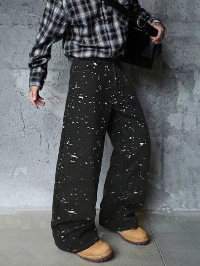 1Pc New Of Japanese Korean Style Baggy Wide-Leg Jeans With Distressed Crochet Fabric ; American Retro Distressed Crochet Fabric Wide-Leg Pants(No Belt Or Accessories)