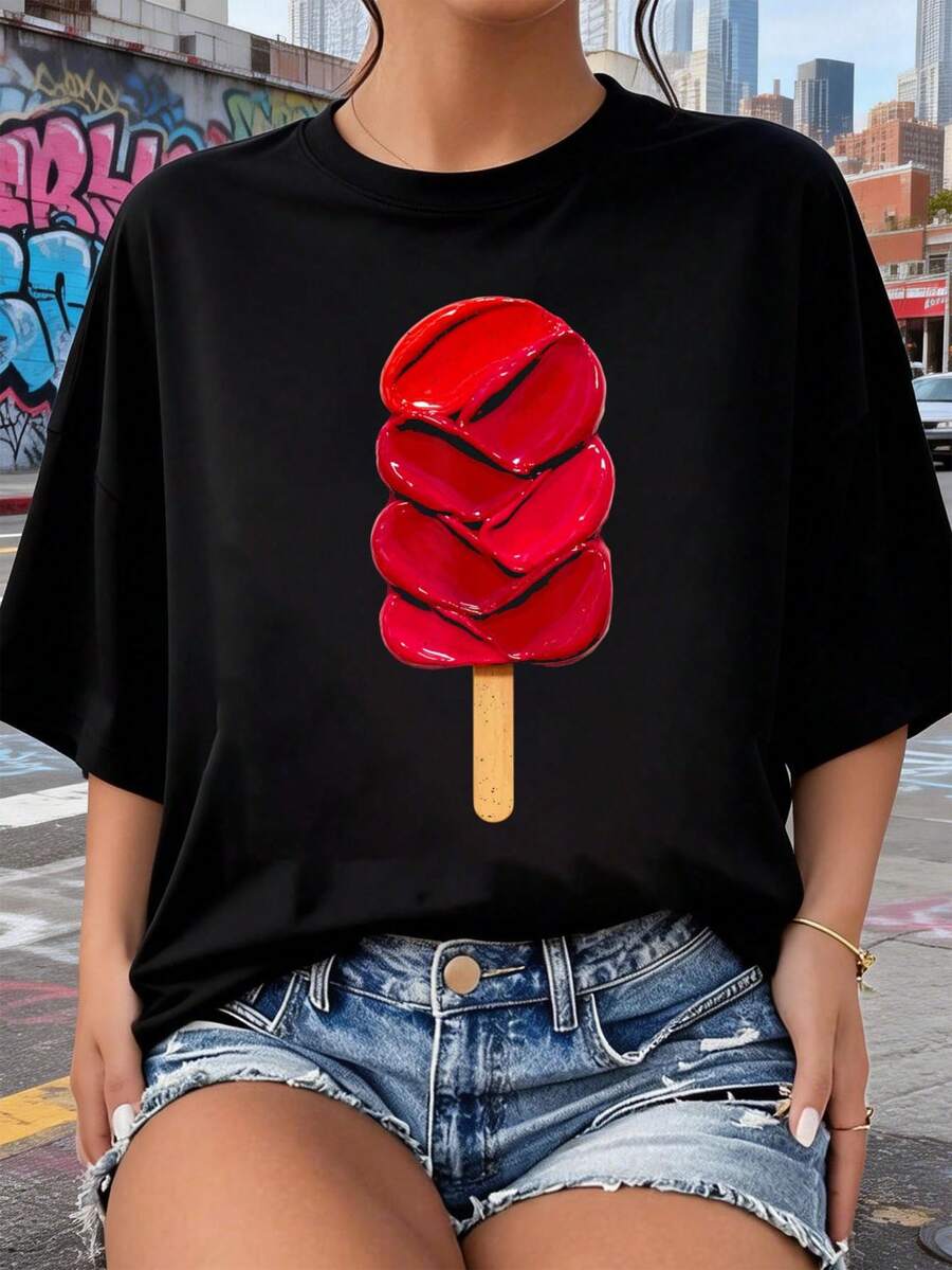 Camiseta de mujer con estampado de helado de paleta, linda camiseta de verano, camisetas impresas para mujeres 2026, estilos populares, camisetas de primavera para mujeres, camisetas de invierno, camisetas de para mujeresás vendidas - Negro - Ver 1
