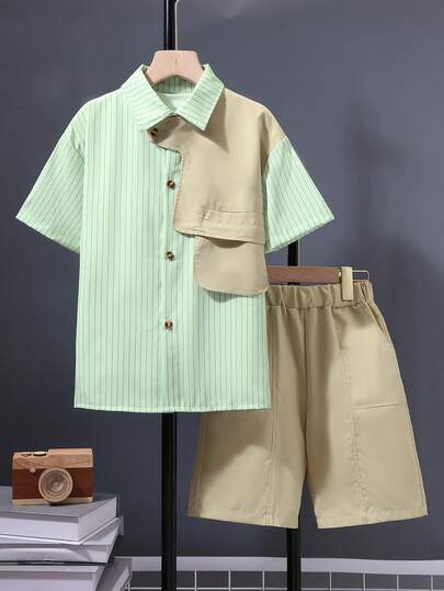 Tween Boys Striped Casual Solid Color Asymmetrical Shirt And Shorts Set, Summer