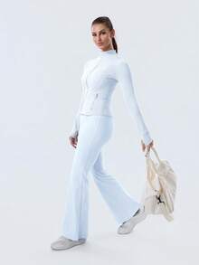 Women Slim Fit Sports BBL Jacket With Thumb Hole Stand Collar Zip Up - Tinh bột xanh/vàng - Xem 7