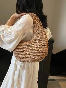 1pc New Vacation Bag, Holiday Straw Bag, Solid Color Crescent Moon Shaped Shoulder Bag, Summer Beach Bag, Woven Underarm Bag, Crescent Bag, Handbag, Valentine's Day Gift, Beach Bag, Women Bag - Khaki - View 6