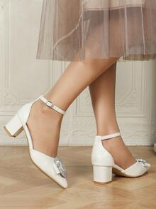 女士白色尖头水钻搭扣粗跟优雅高跟鞋 - 白色 - 查看 3
