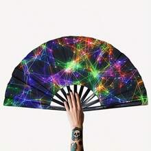 1pc 13-Inch Glow-In-The-Dark Neon Grid Folding Fan - Music Festival, Tech Party, Cyberpunk Costume, Dance Performance, Futuristic Role-Play, Stage Event, High-End Party Prop And Cool Summer Gift