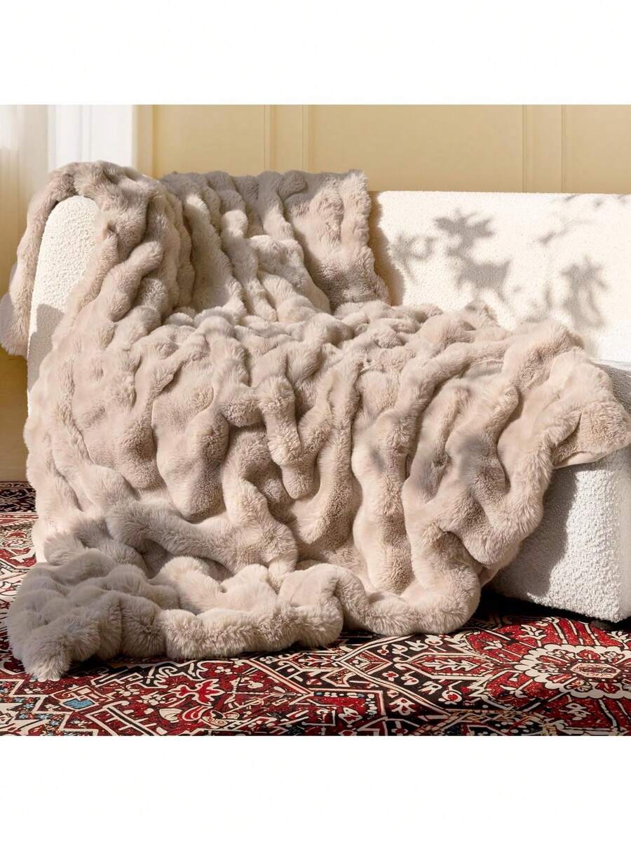 Ultra Soft Cozy Faux Fur Throw Blanket, Fuzzy Plush Thick Bubble Blanket, Oversize Luxury Fluffy Blanket For Couch, Sofa, Bedroom, And Living Room, 50x60 Inches, Light Brown,40008325 - 棕色 - 查看 1
