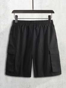 男士黑色工装短裤，带贴布装饰，多口袋设计，休闲户外街头风轻便耐穿夏季短裤 - 黑色 - 查看 5