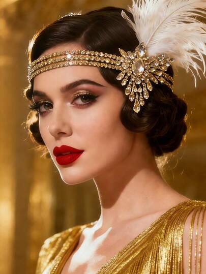 Vintage Feather Headband For Women, 1920s Pearl Rhinestone Flapper Headpiece, Retro Gatsby Hair Accessories For Party, Prom And Wedding, Hair Jewelry