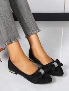 女士时尚水晶蝴蝶结鞋，新款英伦风尖头蝴蝶结装饰鞋，绒面革休闲乐福鞋，低帮鞋，工作鞋 - 黑色 - 查看 5