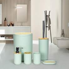 High-Quality Anti-Slip Bathroom Trash Can, Toilet Brush, Soap Dish, Toothbrush Holder, Bamboo Cover Bathroom Accessory Set, New Home, Hotel, Gift Box - Multicolor - View 4