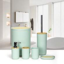 High-Quality Anti-Slip Bathroom Trash Can, Toilet Brush, Soap Dish, Toothbrush Holder, Bamboo Cover Bathroom Accessory Set, New Home, Hotel, Gift Box - Multicolor - View 5