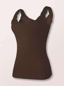 1 件女式纯色蕾丝边装饰圆领吊带背心背心，撞色领口，无袖，轻便 - 咖啡棕 - 查看 2