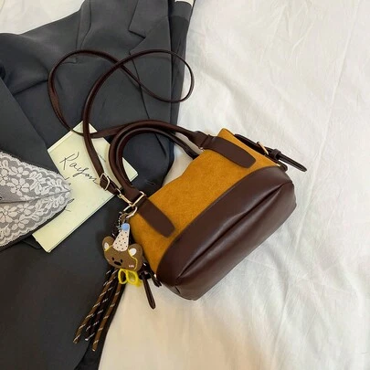 1pc Brown Vintage Faux Suede Patchwork Color Block Women Handbag, Shoulder & Crossbody Bag, Winter