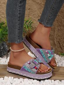 2026 Spring/Summer New Women's Sandals, Double Strap, Rhinestone Fashionable Thick-Soled Slippers, Random Floral Patterns, Essential For Vacation & Beach, Suitable For All-Day Wear - Purple - View 5
