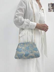 lulu kewen 1件装休闲时尚花卉图案女士手拿包、晚宴包、吻锁钱包、单肩包、斜挎包，配有可拆卸链条肩带，金色钱包 - 藍色 - 查看 8