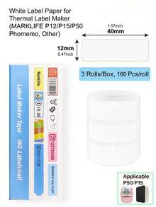 1/3/6 Rolls Thermal Label Tapes, 12x40mm (0.47"X1.57"), 160 Labels Per Roll, Self-Adhesive Label Stickers, Waterproof Thermal Label Paper, Suitable For D30, M110, M220, M1, P50, P15 Label Printers, Home & Commercial Use, Oil-Proof, Scratch-Resistant, Tear-Resistant - 3PCS white - View 2
