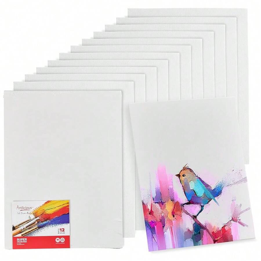 Canvases For Painting - Pack Of 12, 12 X 16 Inch Blank White Canvas Boards - 1OO% Cotton Art Panels For Oil, Acrylic & Watercolor Paint - 12x16吋-12件裝 - 查看 1