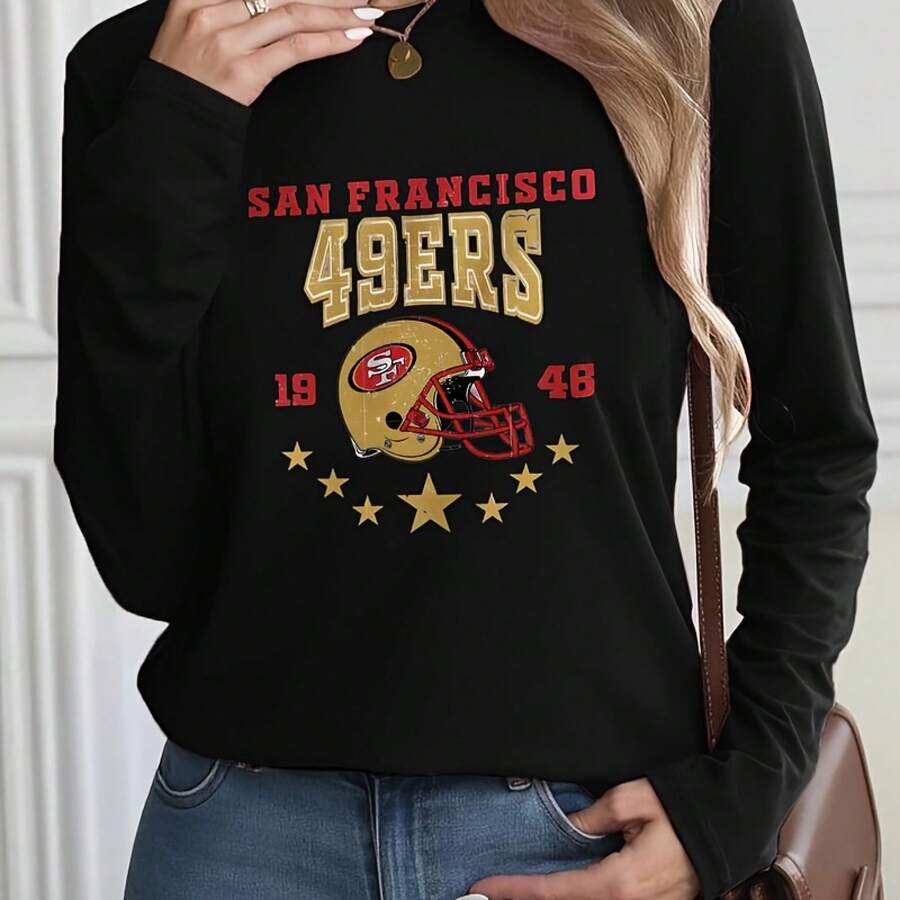 Red Long - Sleeve Top With San Francisco 49ers Logo, Bold Yellow Text "SAN FRANCISCO" Above "49ERS", Yellow & Red Football Helmet With Golden Stars, "19" & "45" - Perfect For Fans Of San Francisco 49ersMoisture Wicking Long Sleeve T-Shirt Breathable Quick Dry Athletic Top For Gym - 黑色 - 查看 1