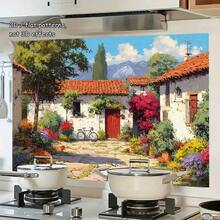 1pc Large Self-Adhesive PVC Wall Sticker - European Country Floral Path With Red Door And House - Matte Surface, Easy To Apply And Remove, Durable Kitchen Backsplash Decoration, Suitable For Modern Farmhouses And European Home Decor - Reusable - Multicolor - View 6