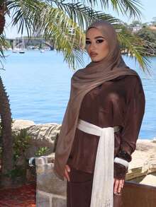 1件XL码手工针织头巾，适合搭配长袍，女士纯色弹力加大码穆斯林头巾 - 彩色 - 查看 3