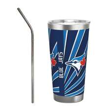 304 Stainless Steel Double Silver Edge Vacuum Insulated Drum 340g - Reusable Travel Cup With Stainless Steel Straw - This Is A Stainless Steel Water Cup About The Toronto Baseball Blue Jays  Theme - Leak Proof, Sweat Proof, Can Maintain Hot And Cold Temperatures For Hours, Frees Of Bisphenol A, Suitable For Car Cup Holders, Very Suitable For Match Days, Sports Events, Commuting, Office Rest And Outdoor Activities, Durable Double Wall Structure Fashionable Fan Gift - Silver - View 1