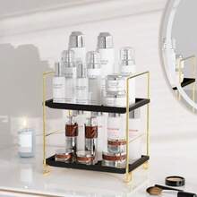 FSyueyun 2-Tier Bathroom Countertop Organizer Tool-Less Installation Premium Plastics Makeup Shelf Organizer Perfume Skincare For Dresser Vanity Tray Organizers And Storage Gold And Black - 金黑 - 查看 7