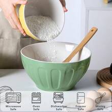 Lareina - Cuencos de cerámica para cocina juego de cuencos grandes para servir hornear preparar alimentos cocinar ensalada masa madre regalo apto para microondas tamaño grande de 3.2/1.7/1.2 - amarillo  rosa  verde - Ver 5