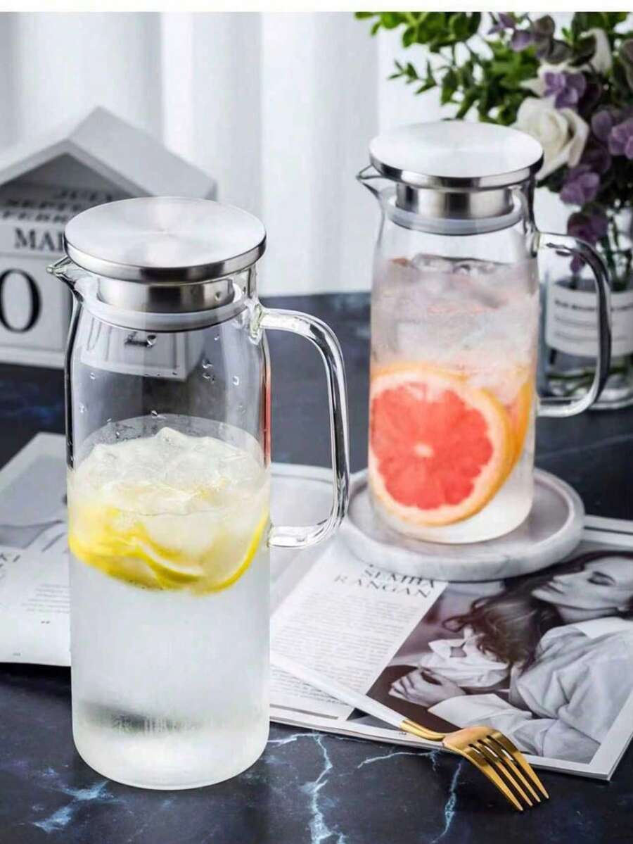 1个北欧风格不锈钢盖高硼硅玻璃冷水壶，耐热高温大容量茶壶，办公室/家用大容量透明玻璃果汁/冷水壶，家居及酒店用品